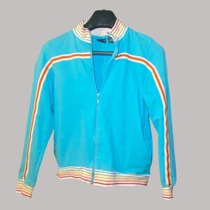 Womens Small Rainbow Striped Blue‎ Zip Jacket Cotton Blend Retro 70's Sportswear